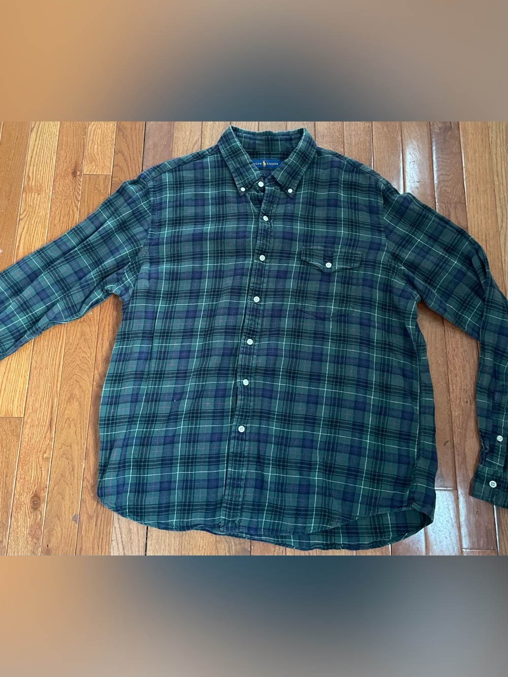 Ralph Lauren XL Green Navy Plaid Flannel Button Shirt Classic Fit 100 % Cotton